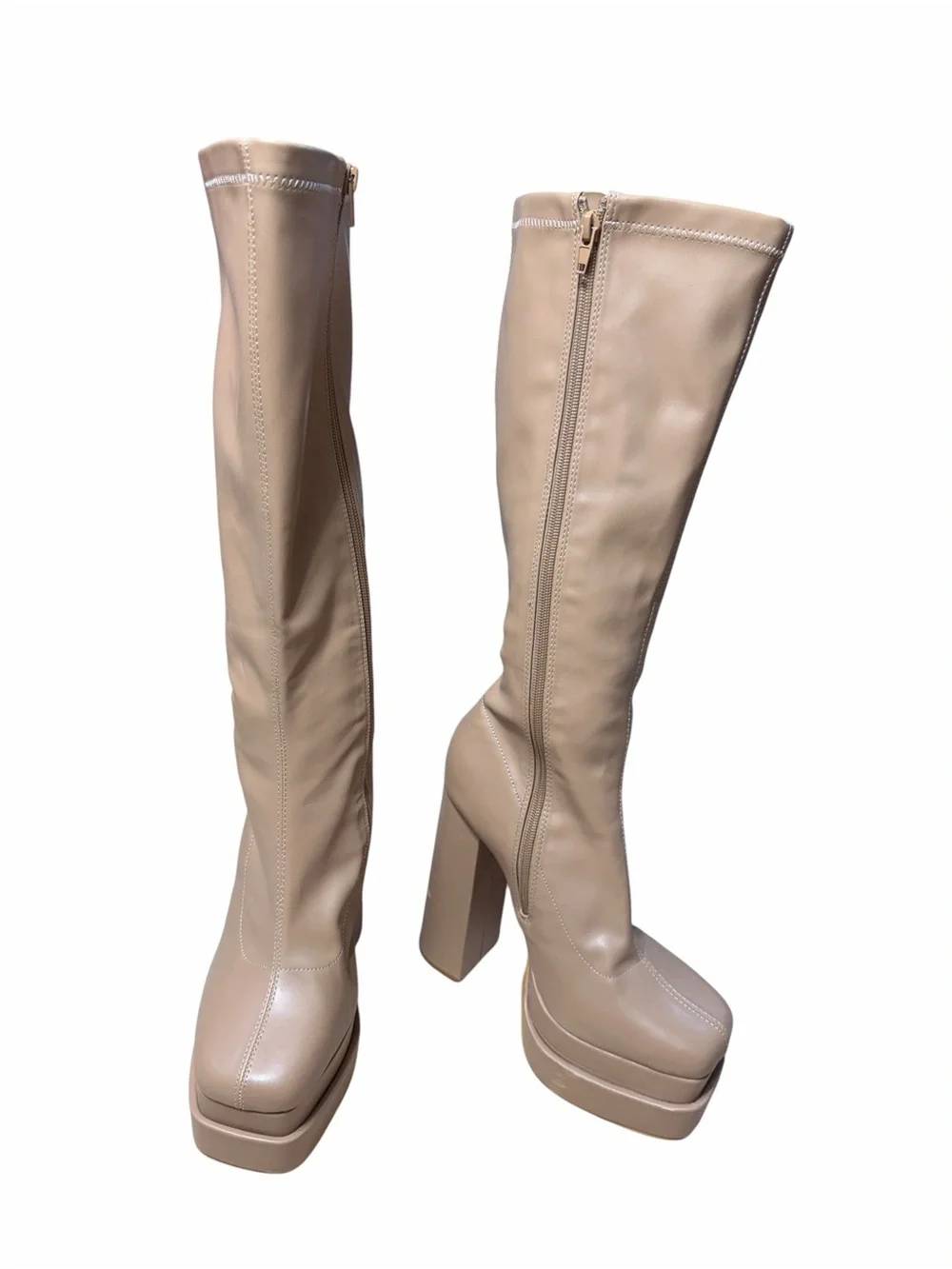 Mixx Shuz Nude Platform Block Heel Knee High Boots Womens 9